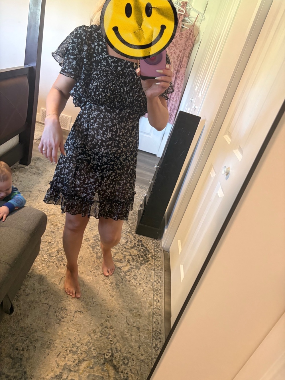 Black Floral Ruffle Short Dress